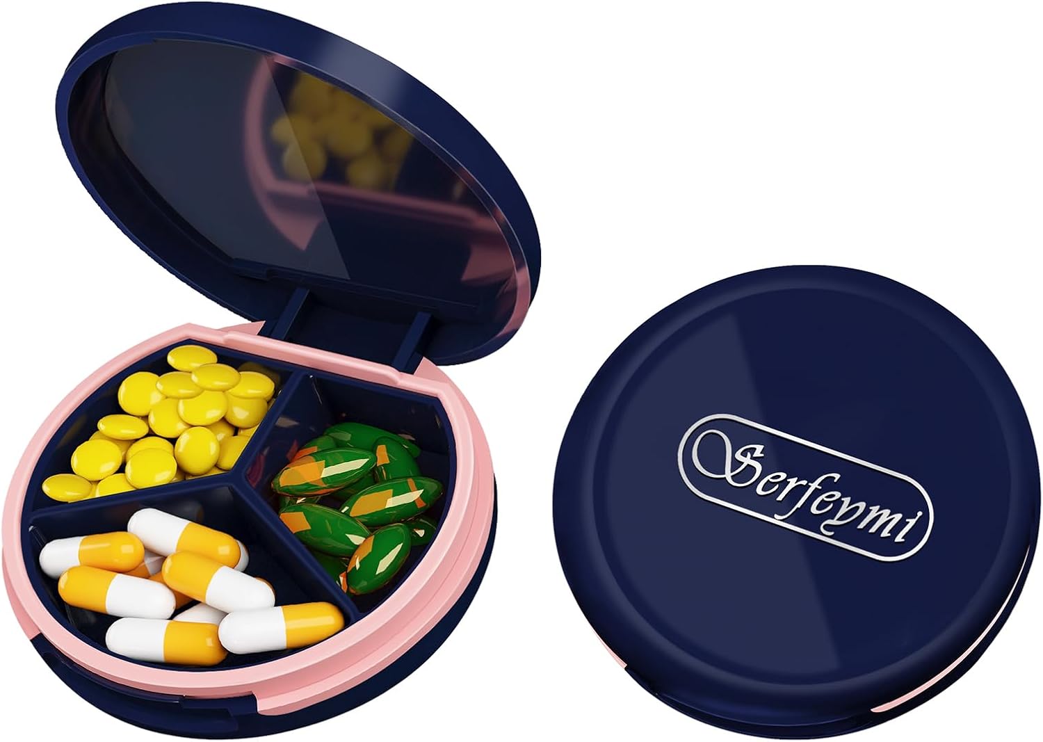 Serfeymi Small Pill Box - 3 Compartments Portable Pill Box for Purse Pocket, Compact Mini Travel Pill Case - Suitable for Medicine, Vitamin, Fish Oil, Supplements - White(Logo)