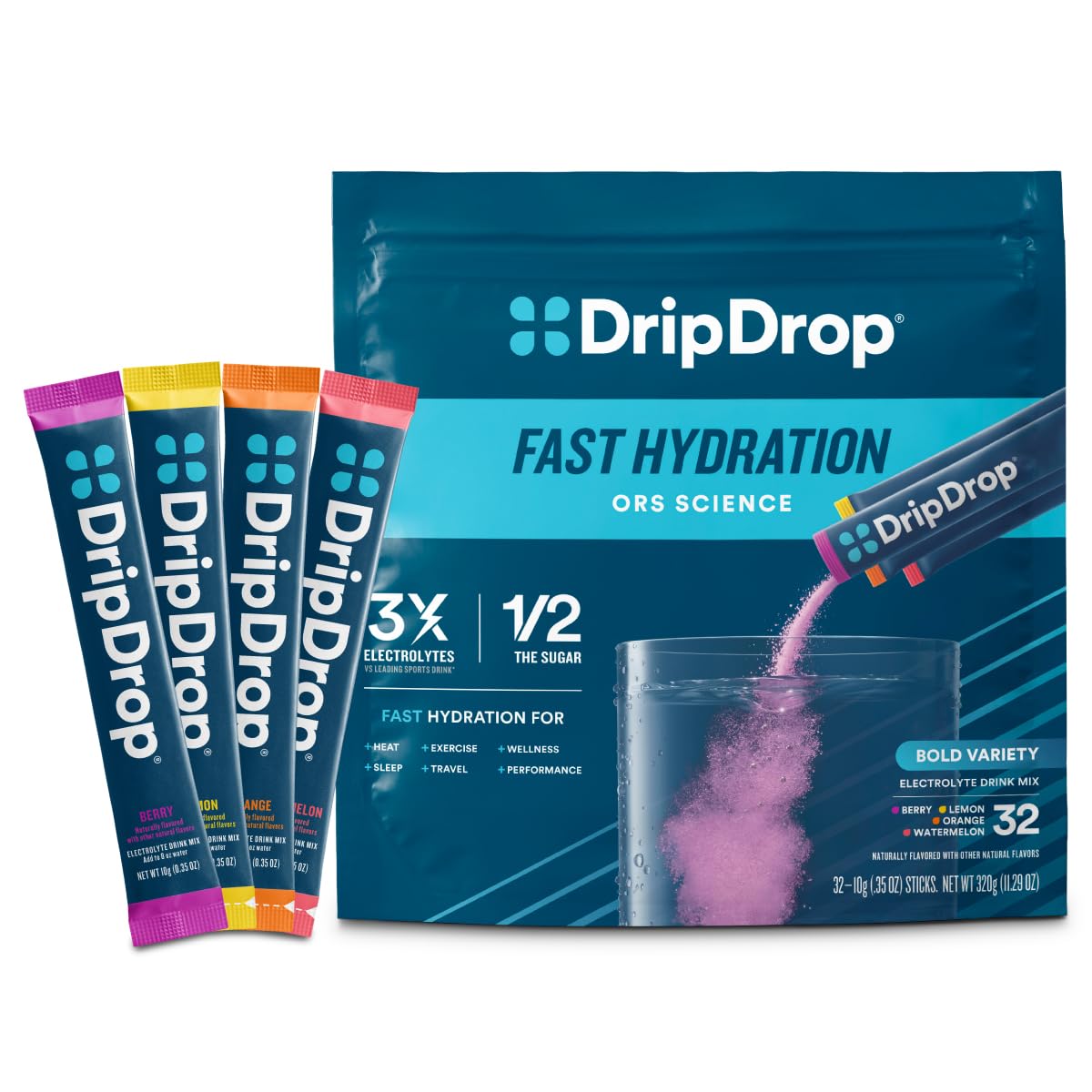 DripDrop Hydration Packets - Fruit Punch - Single Serve Electrolytes Powder Drink Mix - Non-GMO, Gluten Free, Vegan - 32 Sticks