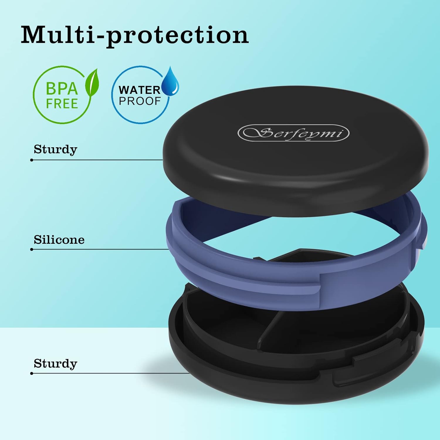 Serfeymi Small Pill Box - 3 Compartments Portable Pill Box for Purse Pocket, Compact Mini Travel Pill Case - Suitable for Medicine, Vitamin, Fish Oil, Supplements - White(Logo)