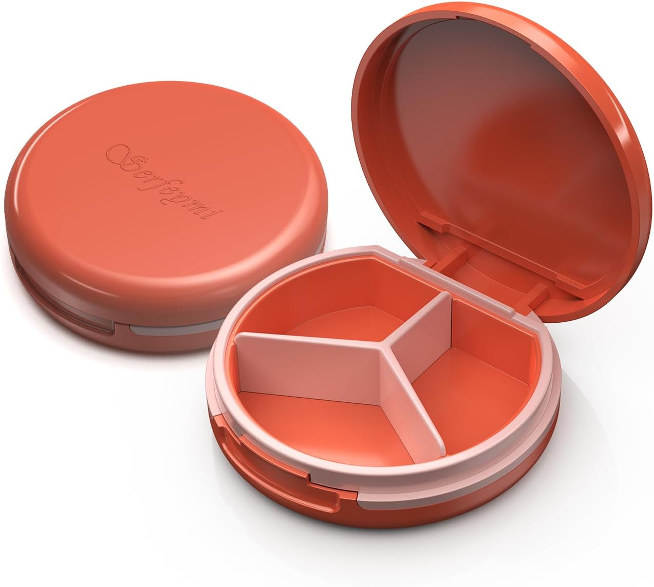 Serfeymi Small Pill Box - 3 Compartments Portable Pill Box for Purse Pocket, Compact Mini Travel Pill Case - Suitable for Medicine, Vitamin, Fish Oil, Supplements - White(Logo)