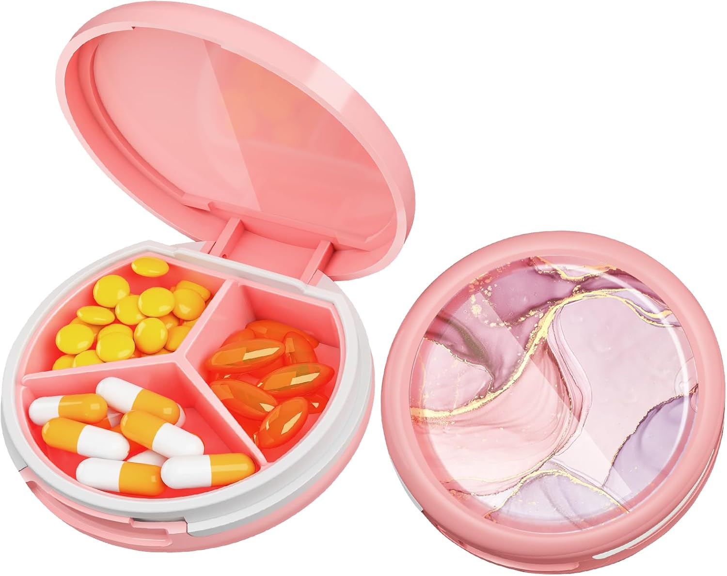 Serfeymi Small Pill Box - 3 Compartments Portable Pill Box for Purse Pocket, Compact Mini Travel Pill Case - Suitable for Medicine, Vitamin, Fish Oil, Supplements - White(Logo)