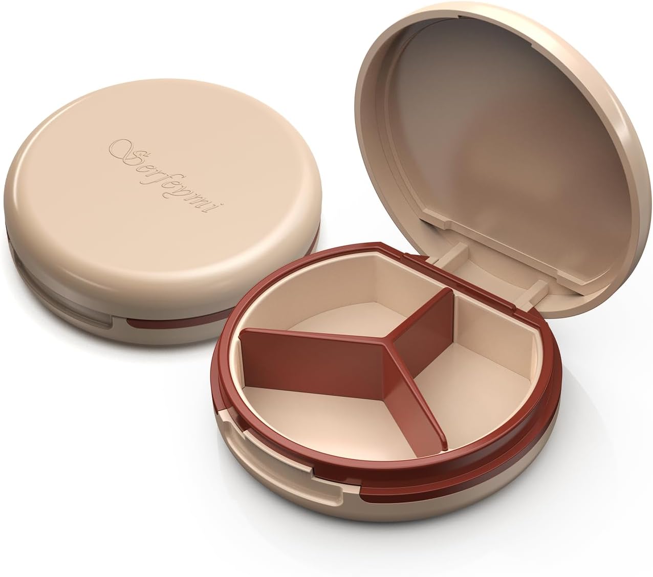 Serfeymi Small Pill Box - 3 Compartments Portable Pill Box for Purse Pocket, Compact Mini Travel Pill Case - Suitable for Medicine, Vitamin, Fish Oil, Supplements - White(Logo)