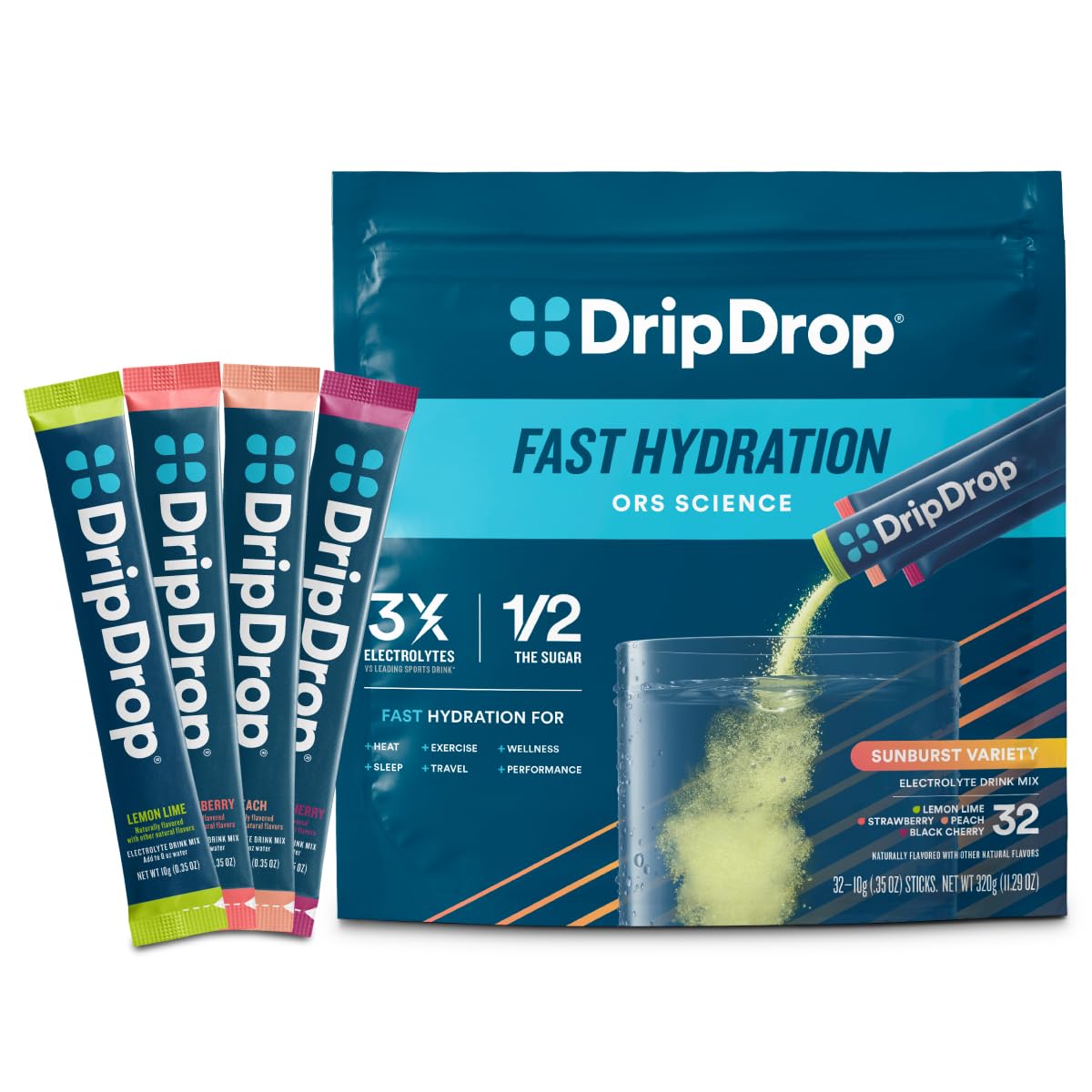 DripDrop Hydration Packets - Fruit Punch - Single Serve Electrolytes Powder Drink Mix - Non-GMO, Gluten Free, Vegan - 32 Sticks