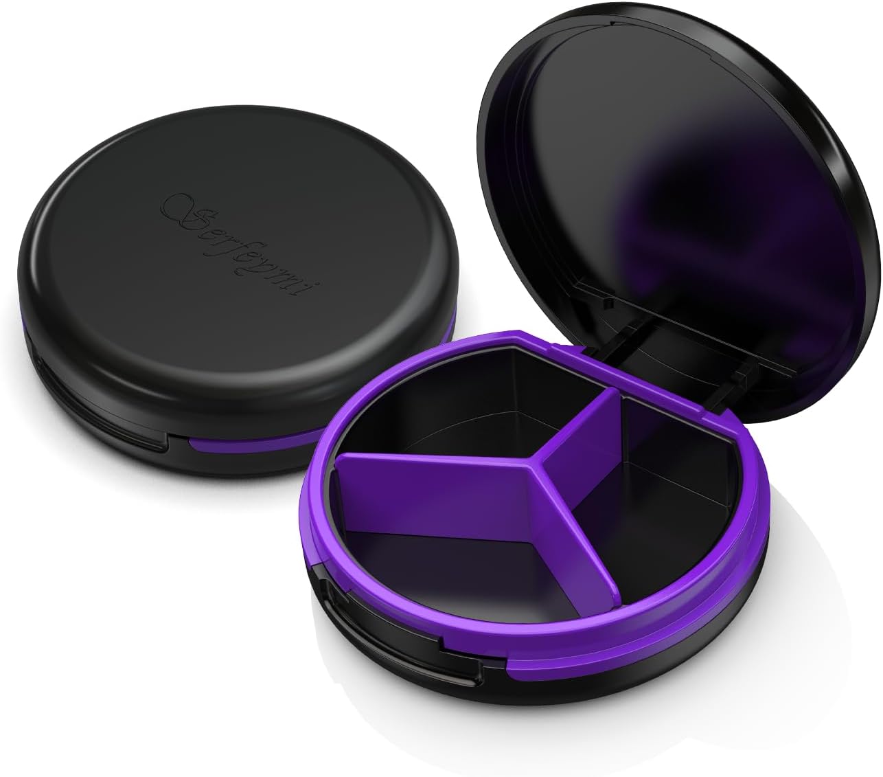 Serfeymi Small Pill Box - 3 Compartments Portable Pill Box for Purse Pocket, Compact Mini Travel Pill Case - Suitable for Medicine, Vitamin, Fish Oil, Supplements - White(Logo)