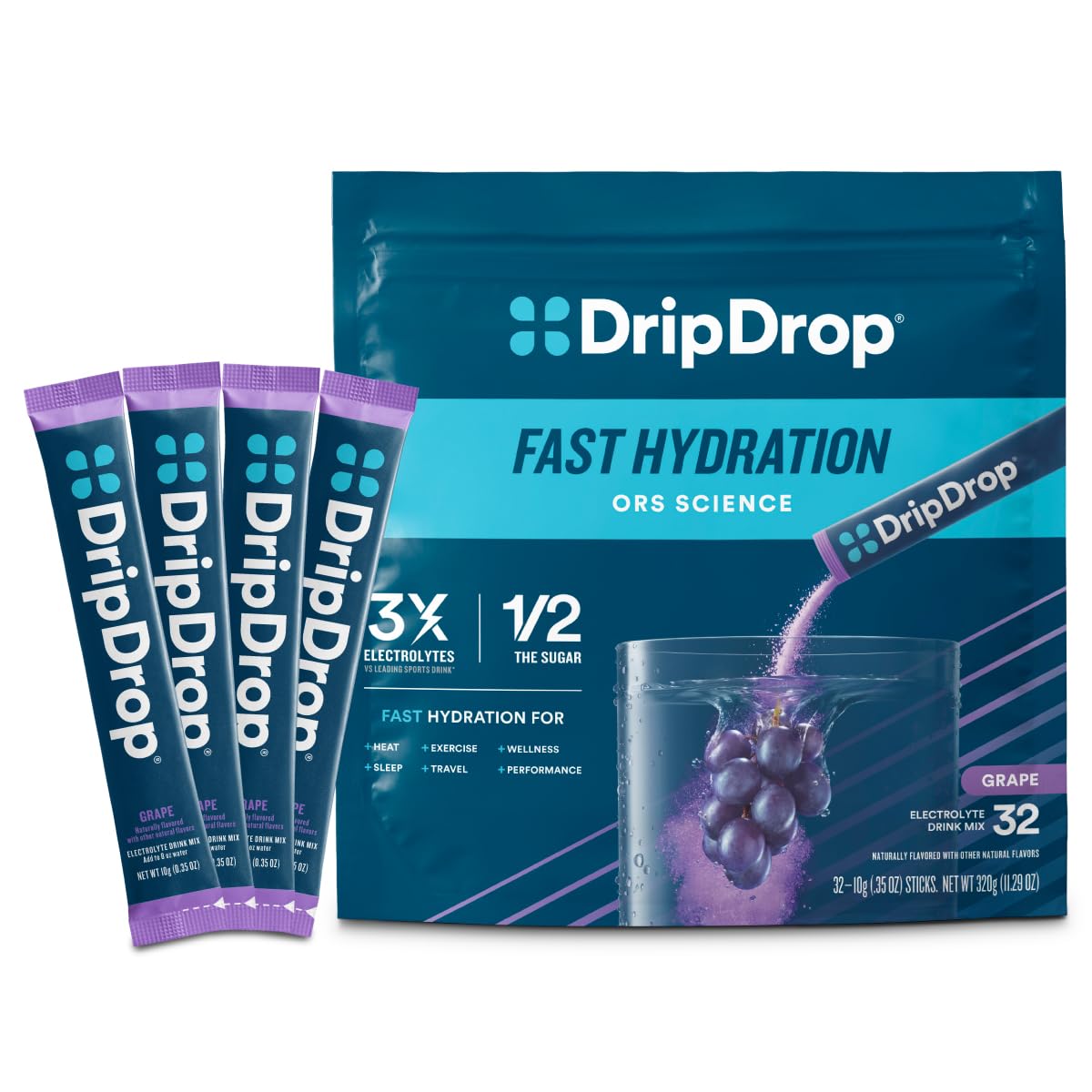 DripDrop Hydration Packets - Fruit Punch - Single Serve Electrolytes Powder Drink Mix - Non-GMO, Gluten Free, Vegan - 32 Sticks