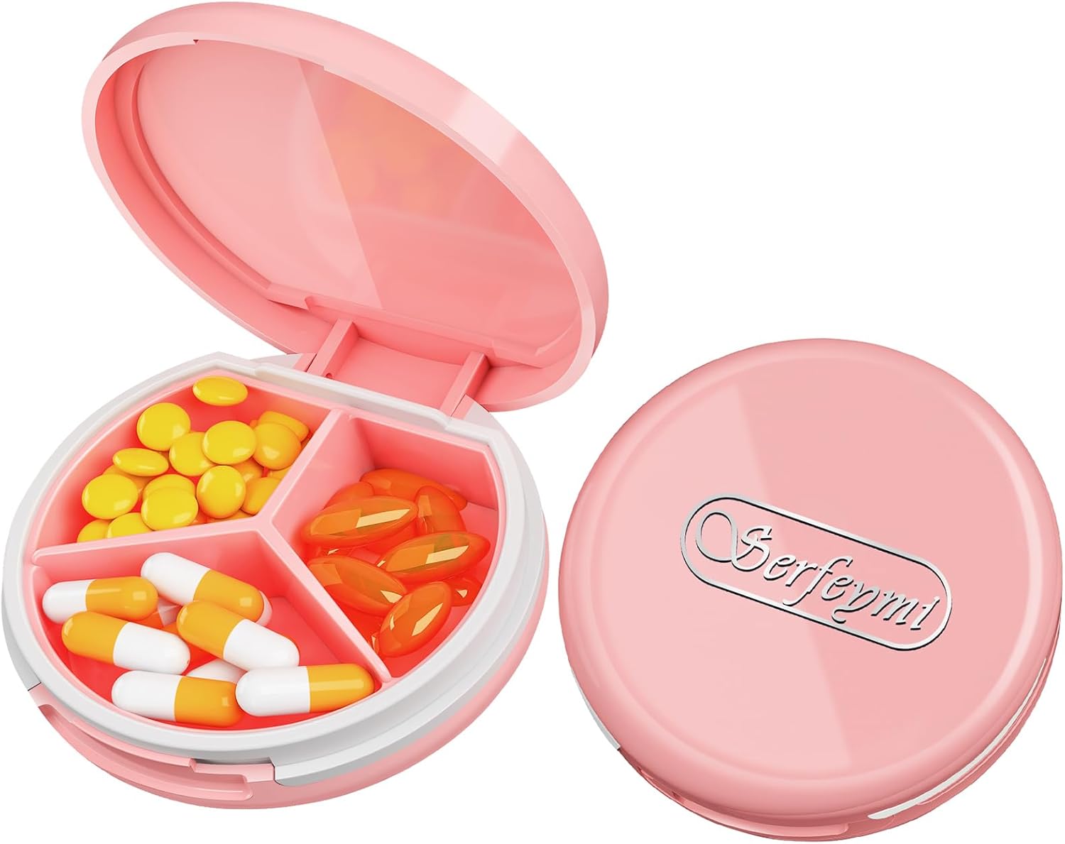 Serfeymi Small Pill Box - 3 Compartments Portable Pill Box for Purse Pocket, Compact Mini Travel Pill Case - Suitable for Medicine, Vitamin, Fish Oil, Supplements - White(Logo)
