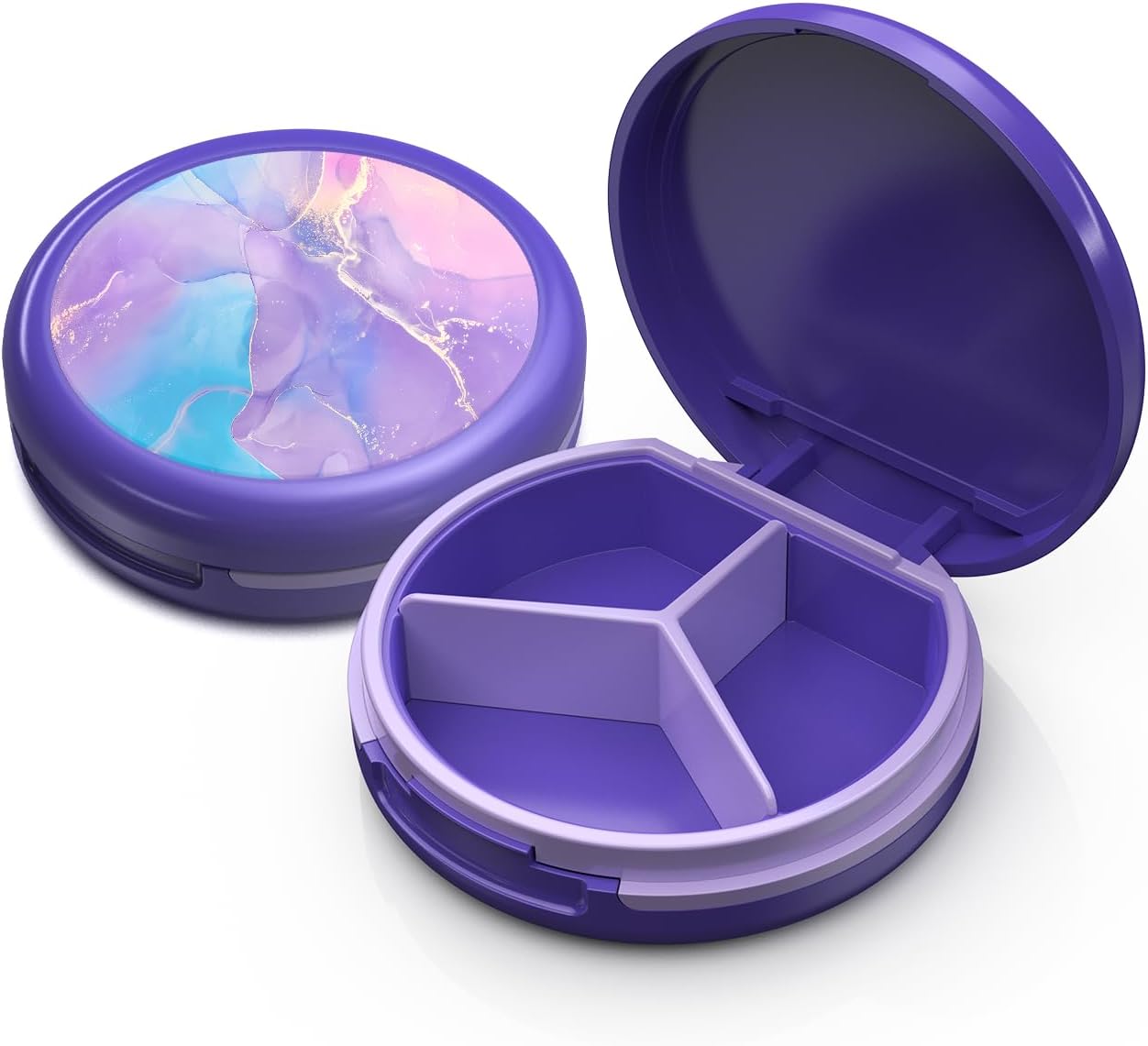 Serfeymi Small Pill Box - 3 Compartments Portable Pill Box for Purse Pocket, Compact Mini Travel Pill Case - Suitable for Medicine, Vitamin, Fish Oil, Supplements - White(Logo)