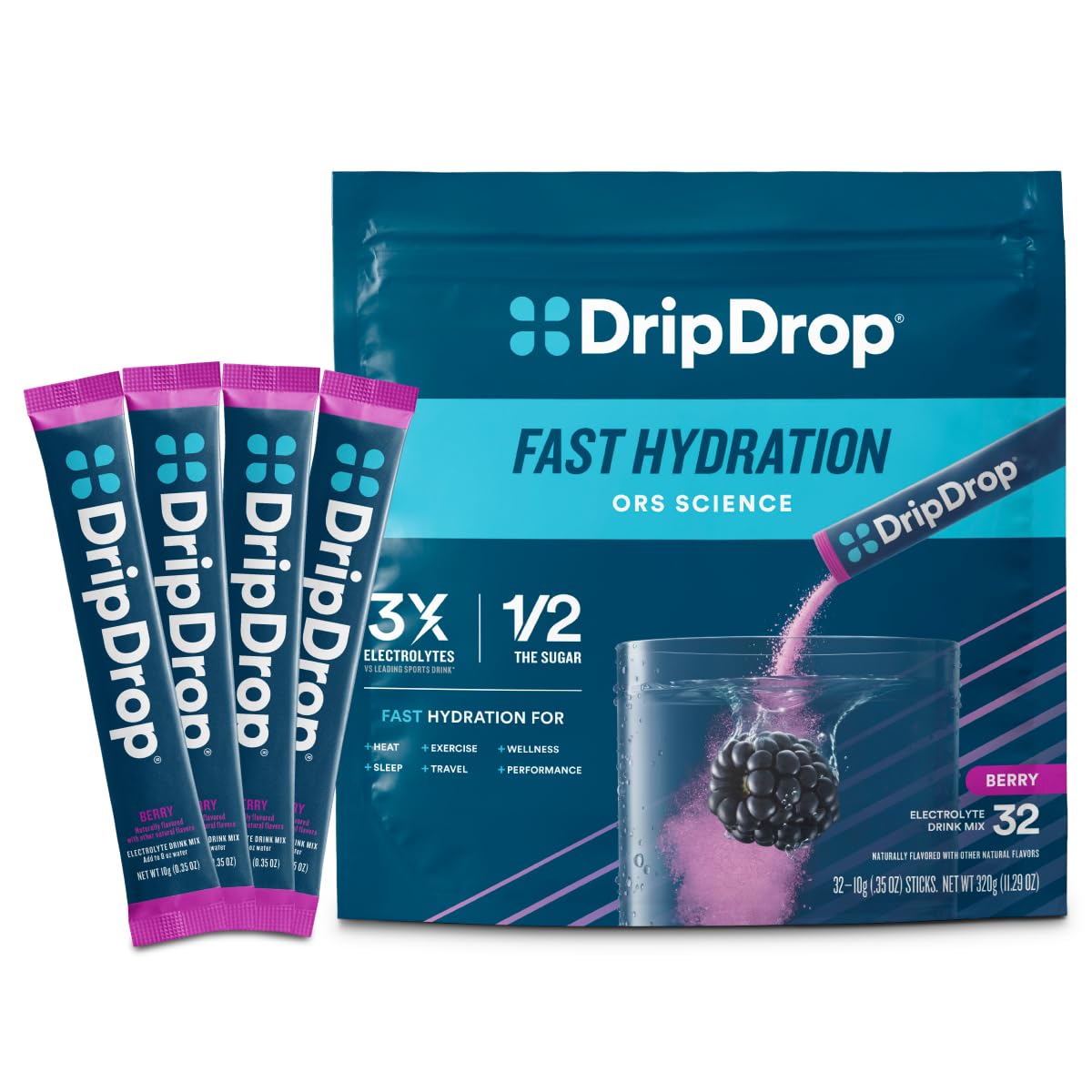 DripDrop Hydration Packets - Fruit Punch - Single Serve Electrolytes Powder Drink Mix - Non-GMO, Gluten Free, Vegan - 32 Sticks