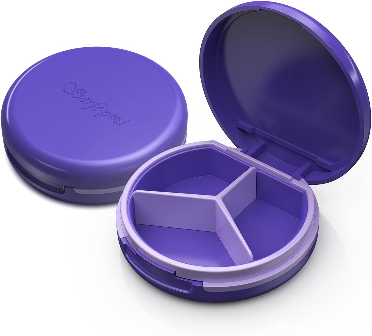 Serfeymi Small Pill Box - 3 Compartments Portable Pill Box for Purse Pocket, Compact Mini Travel Pill Case - Suitable for Medicine, Vitamin, Fish Oil, Supplements - White(Logo)