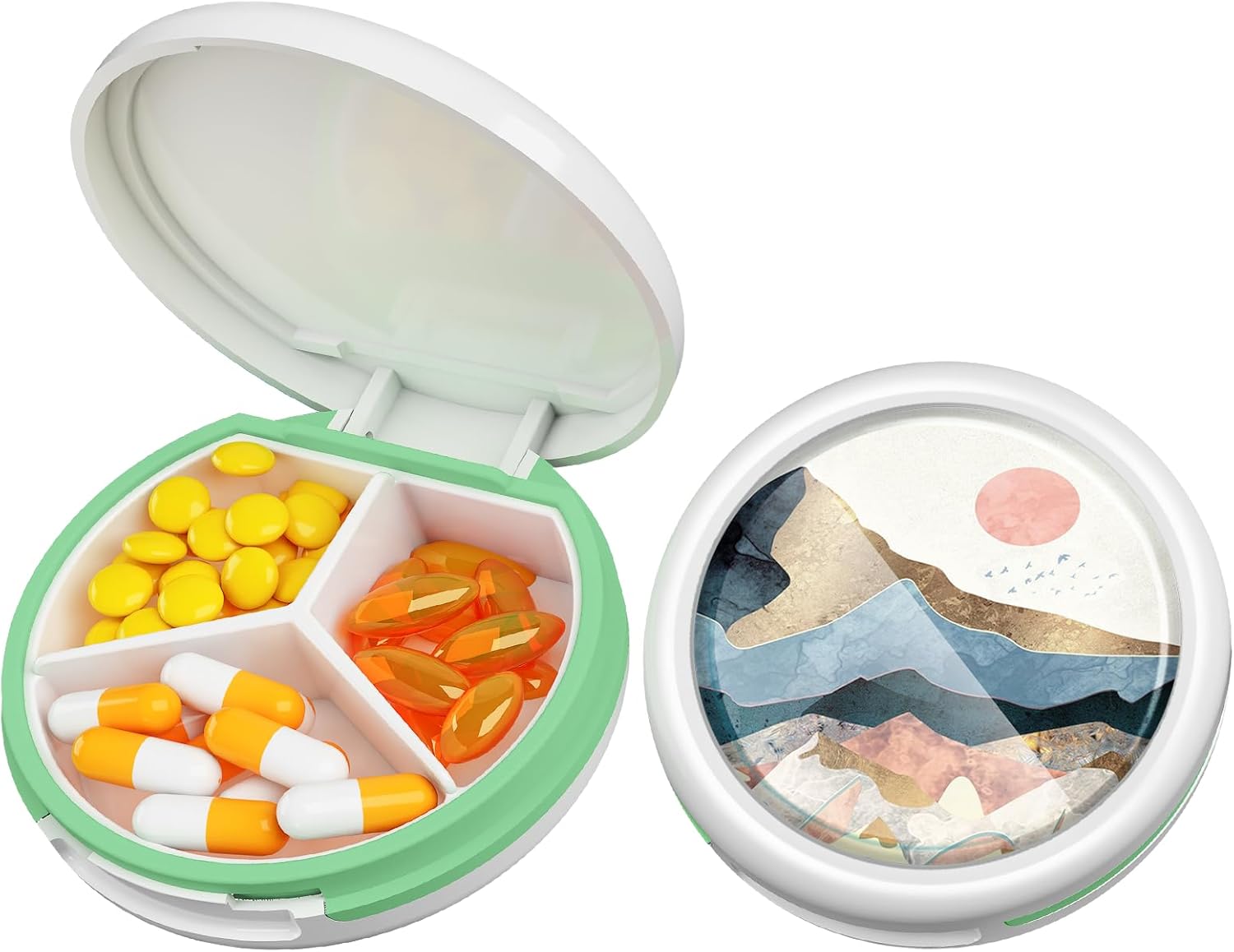 Serfeymi Small Pill Box - 3 Compartments Portable Pill Box for Purse Pocket, Compact Mini Travel Pill Case - Suitable for Medicine, Vitamin, Fish Oil, Supplements - White(Logo)