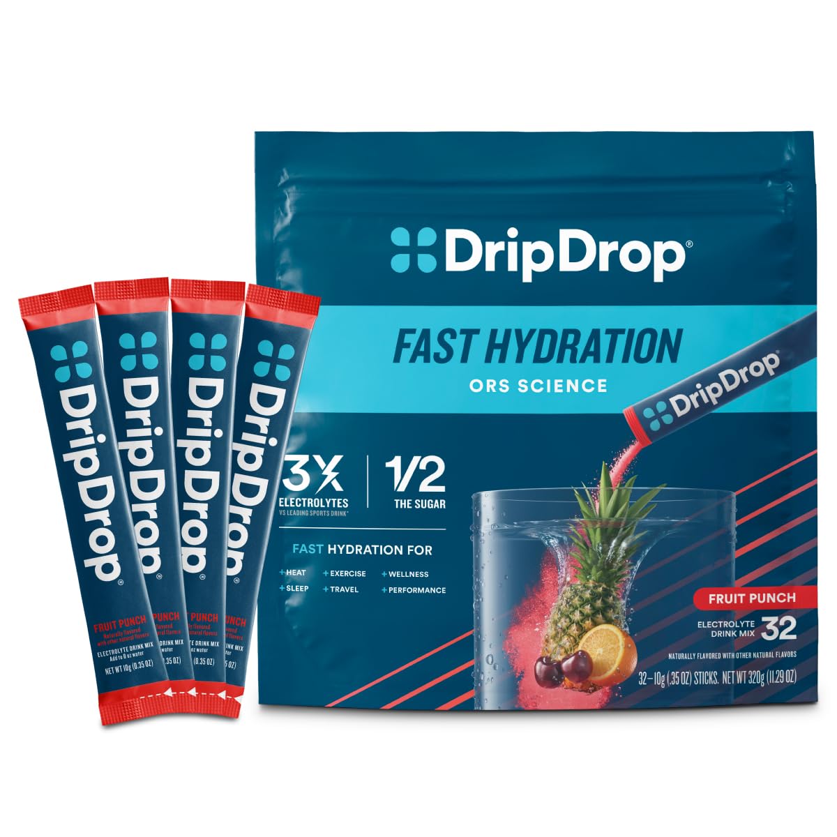 DripDrop Hydration Packets - Fruit Punch - Single Serve Electrolytes Powder Drink Mix - Non-GMO, Gluten Free, Vegan - 32 Sticks