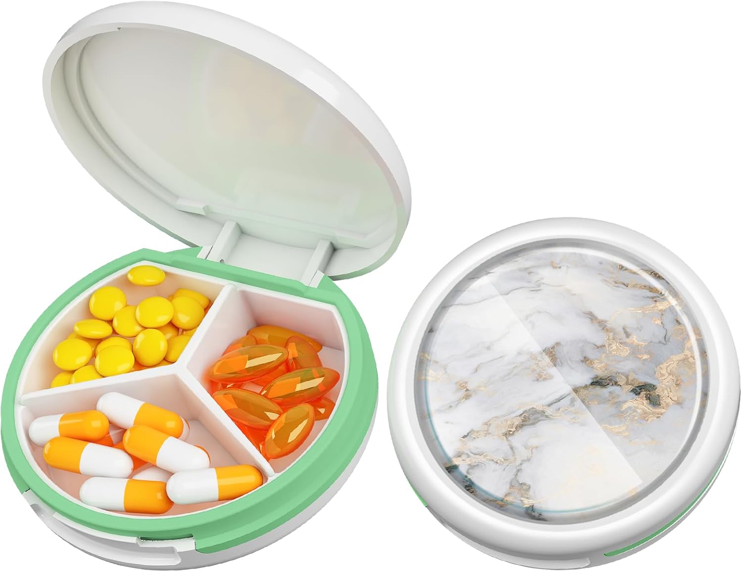Serfeymi Small Pill Box - 3 Compartments Portable Pill Box for Purse Pocket, Compact Mini Travel Pill Case - Suitable for Medicine, Vitamin, Fish Oil, Supplements - White(Logo)