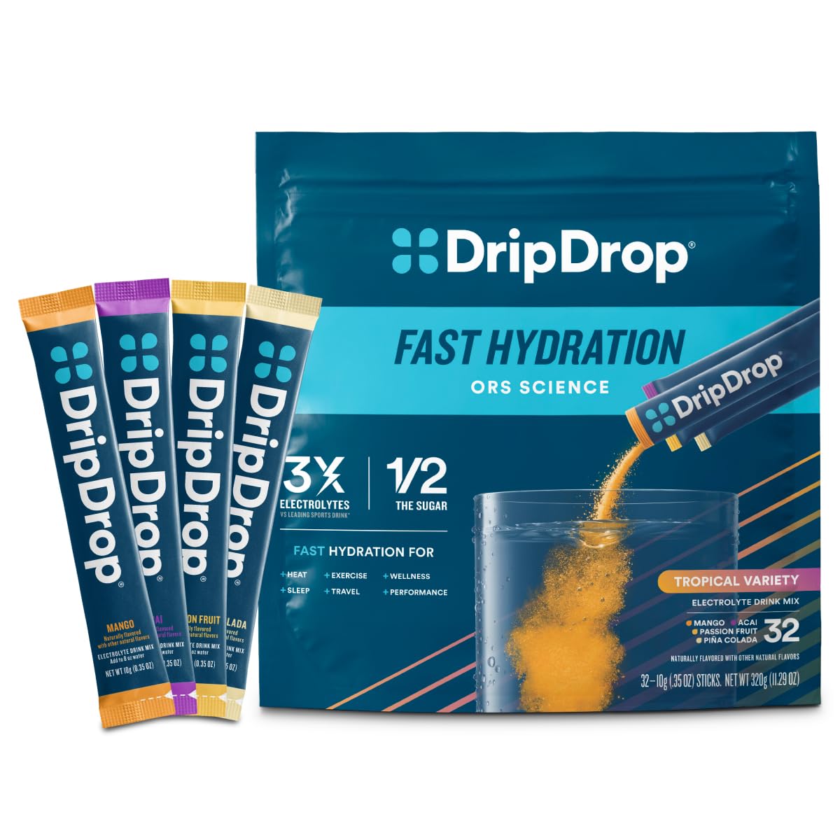 DripDrop Hydration Packets - Fruit Punch - Single Serve Electrolytes Powder Drink Mix - Non-GMO, Gluten Free, Vegan - 32 Sticks
