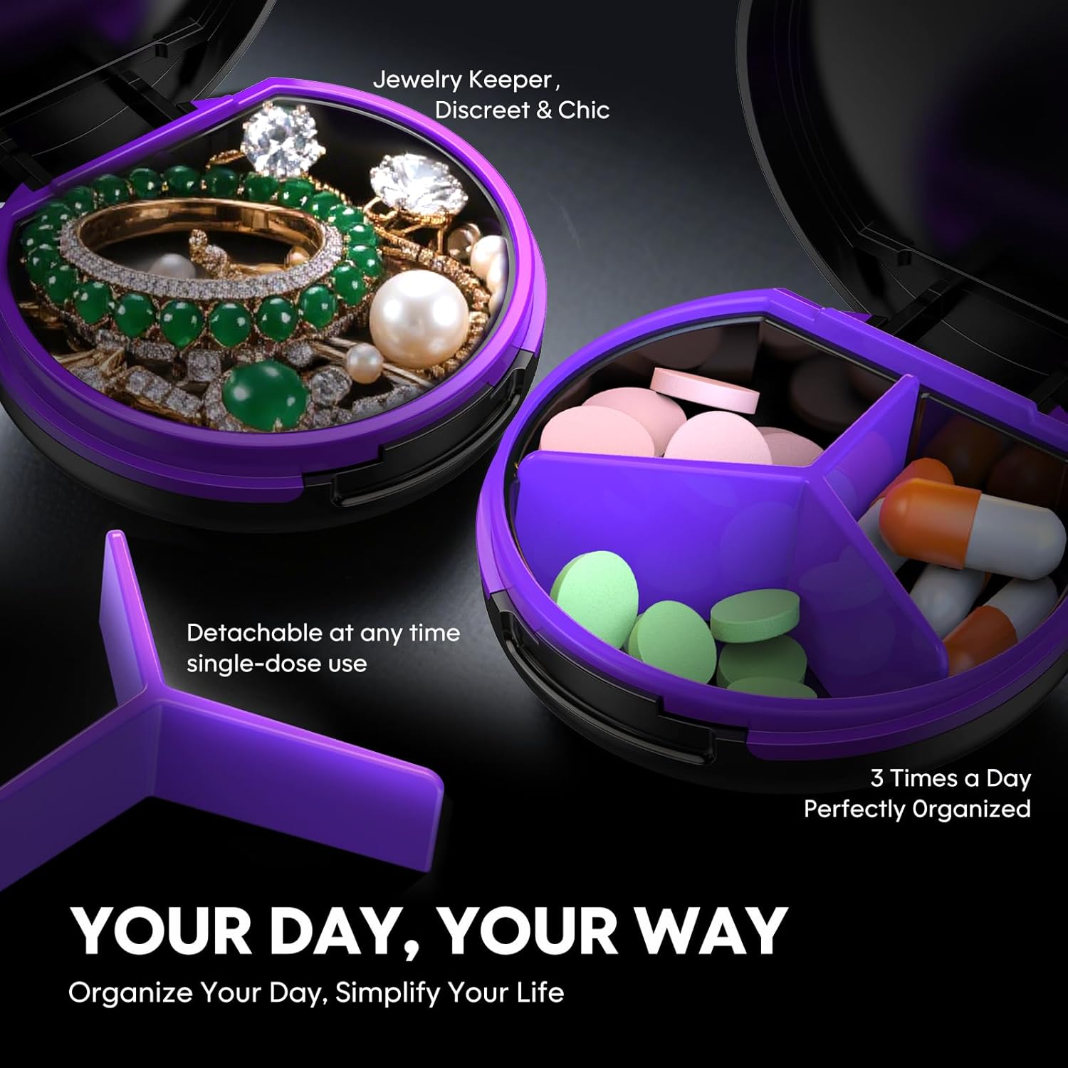 Serfeymi Small Pill Box - 3 Compartments Portable Pill Box for Purse Pocket, Compact Mini Travel Pill Case - Suitable for Medicine, Vitamin, Fish Oil, Supplements - White(Logo)