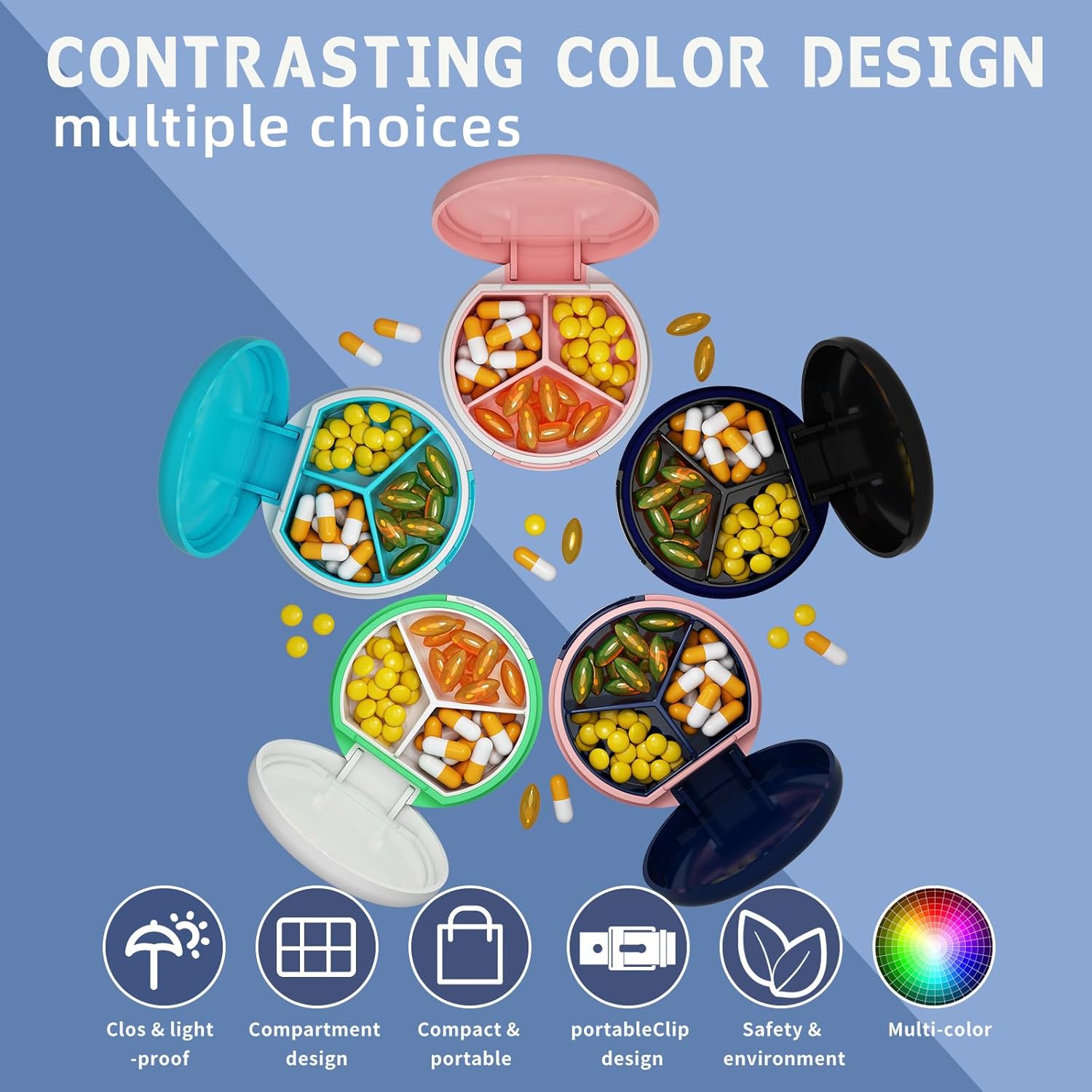 Serfeymi Small Pill Box - 3 Compartments Portable Pill Box for Purse Pocket, Compact Mini Travel Pill Case - Suitable for Medicine, Vitamin, Fish Oil, Supplements - White(Logo)