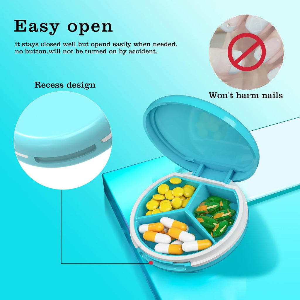 Serfeymi Small Pill Box - 3 Compartments Portable Pill Box for Purse Pocket, Compact Mini Travel Pill Case - Suitable for Medicine, Vitamin, Fish Oil, Supplements - White(Logo)