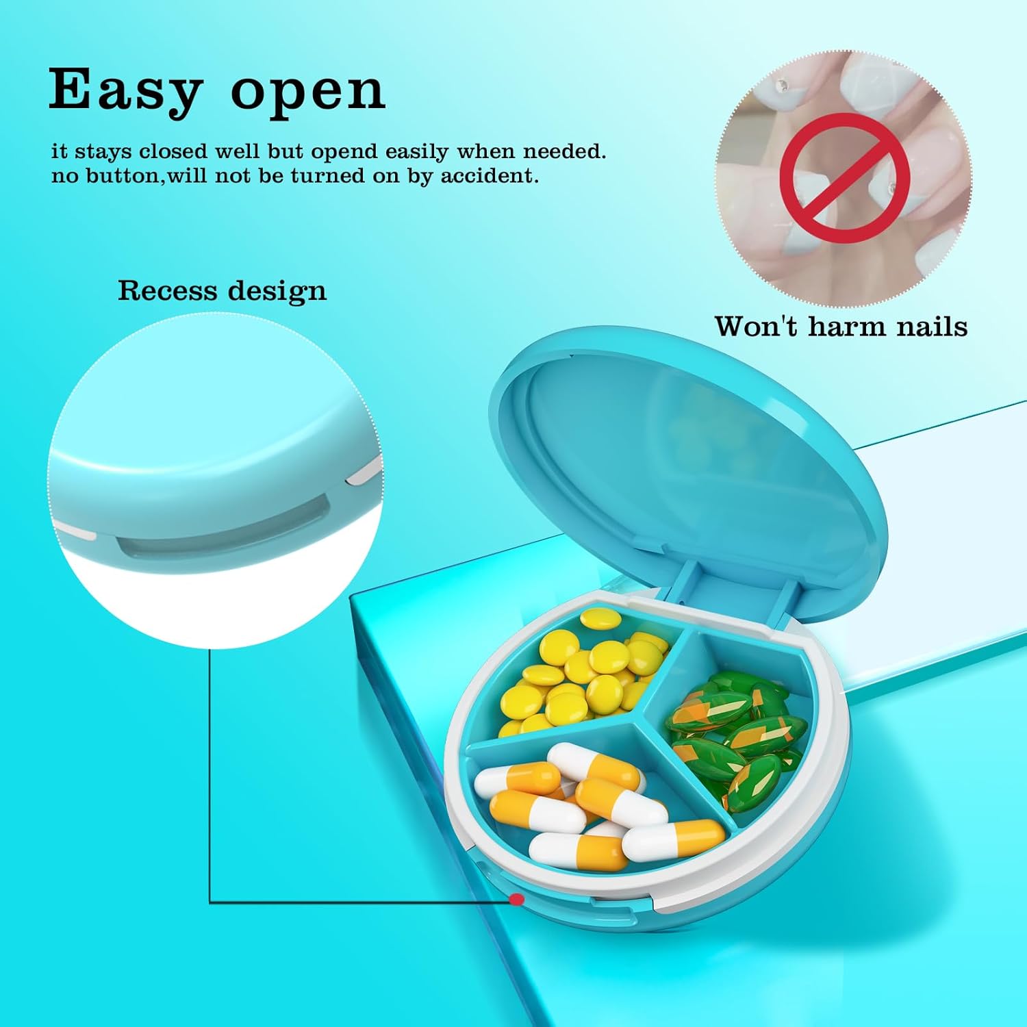 Serfeymi Small Pill Box - 3 Compartments Portable Pill Box for Purse Pocket, Compact Mini Travel Pill Case - Suitable for Medicine, Vitamin, Fish Oil, Supplements - White(Logo)