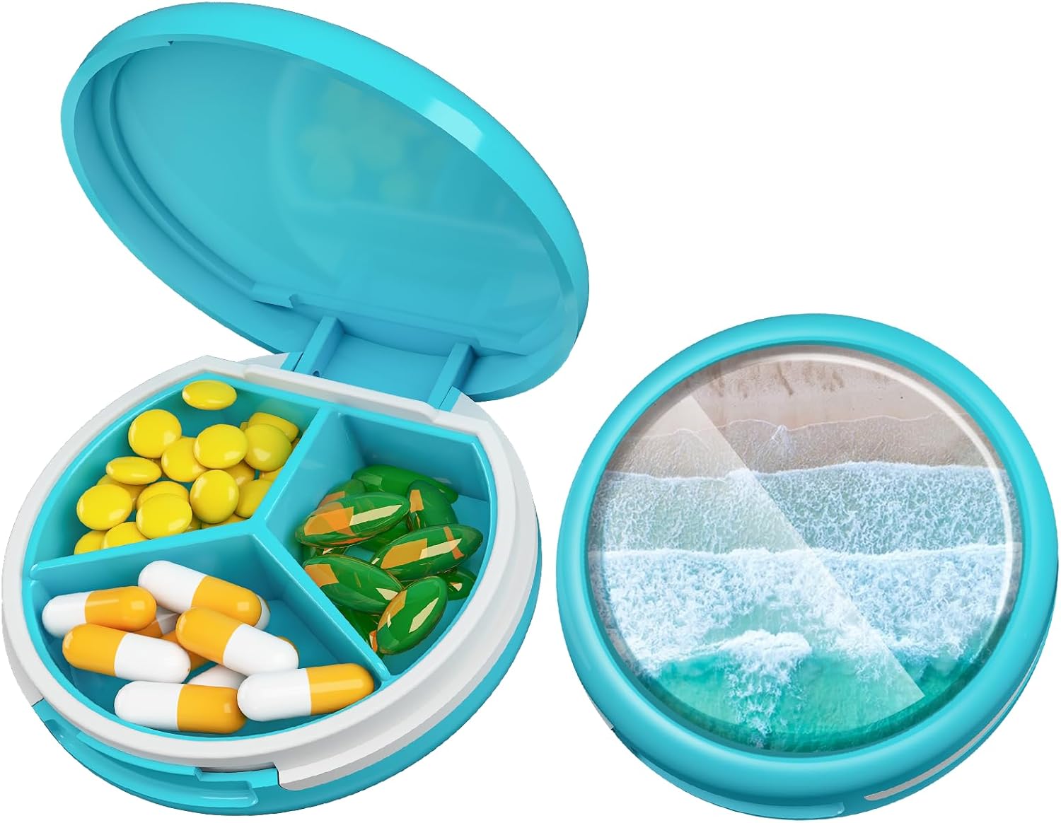 Serfeymi Small Pill Box - 3 Compartments Portable Pill Box for Purse Pocket, Compact Mini Travel Pill Case - Suitable for Medicine, Vitamin, Fish Oil, Supplements - White(Logo)