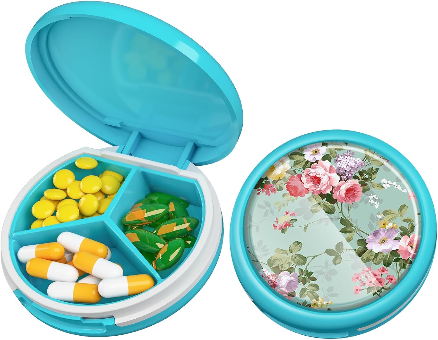 Serfeymi Small Pill Box - 3 Compartments Portable Pill Box for Purse Pocket, Compact Mini Travel Pill Case - Suitable for Medicine, Vitamin, Fish Oil, Supplements - White(Logo)