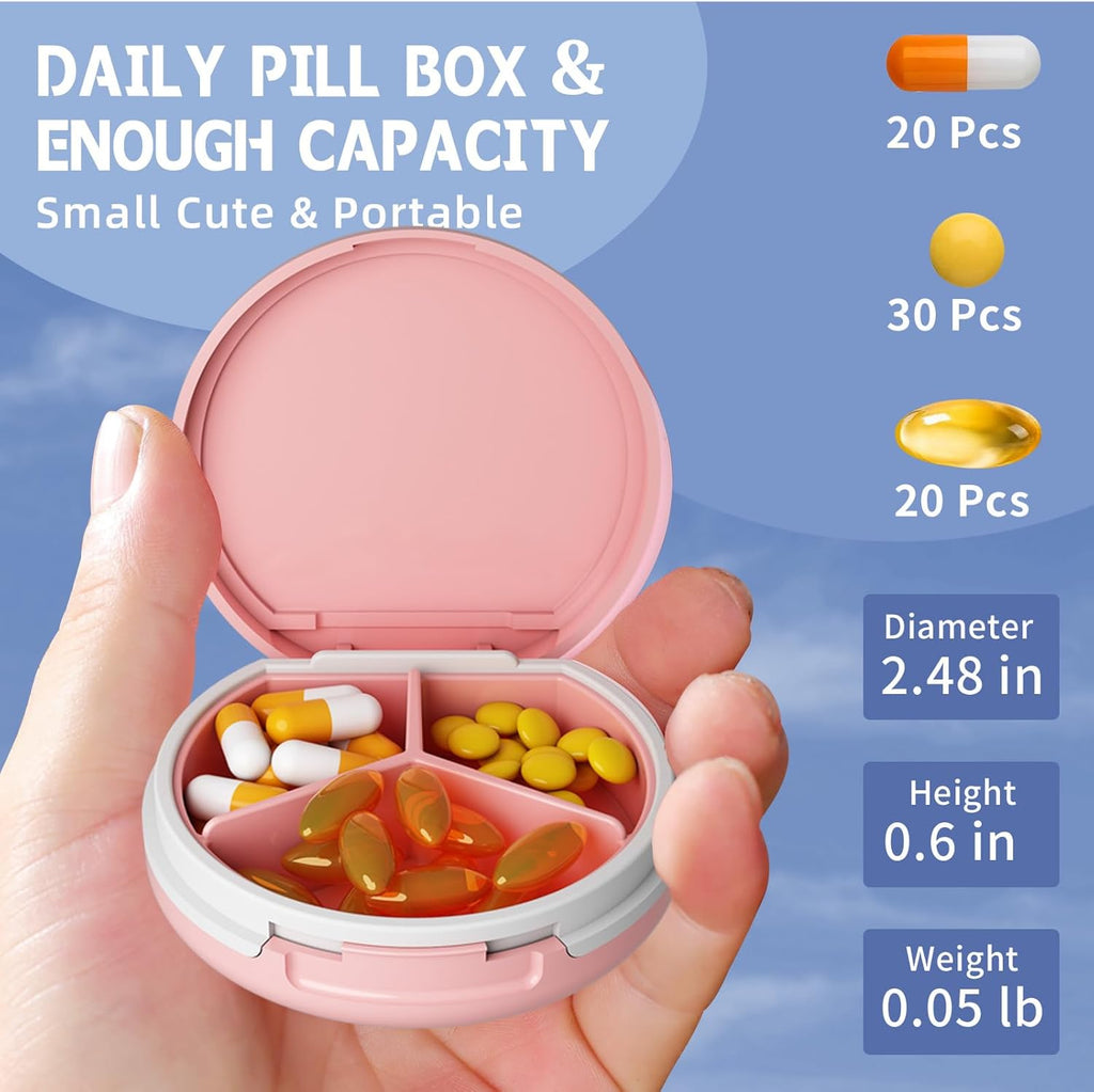 Serfeymi Small Pill Box - 3 Compartments Portable Pill Box for Purse Pocket, Compact Mini Travel Pill Case - Suitable for Medicine, Vitamin, Fish Oil, Supplements - White(Logo)
