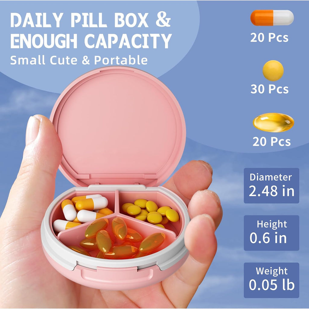 Serfeymi Small Pill Box - 3 Compartments Portable Pill Box for Purse Pocket, Compact Mini Travel Pill Case - Suitable for Medicine, Vitamin, Fish Oil, Supplements - White(Logo)