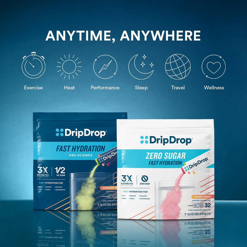 DripDrop Hydration Packets - Fruit Punch - Single Serve Electrolytes Powder Drink Mix - Non-GMO, Gluten Free, Vegan - 32 Sticks