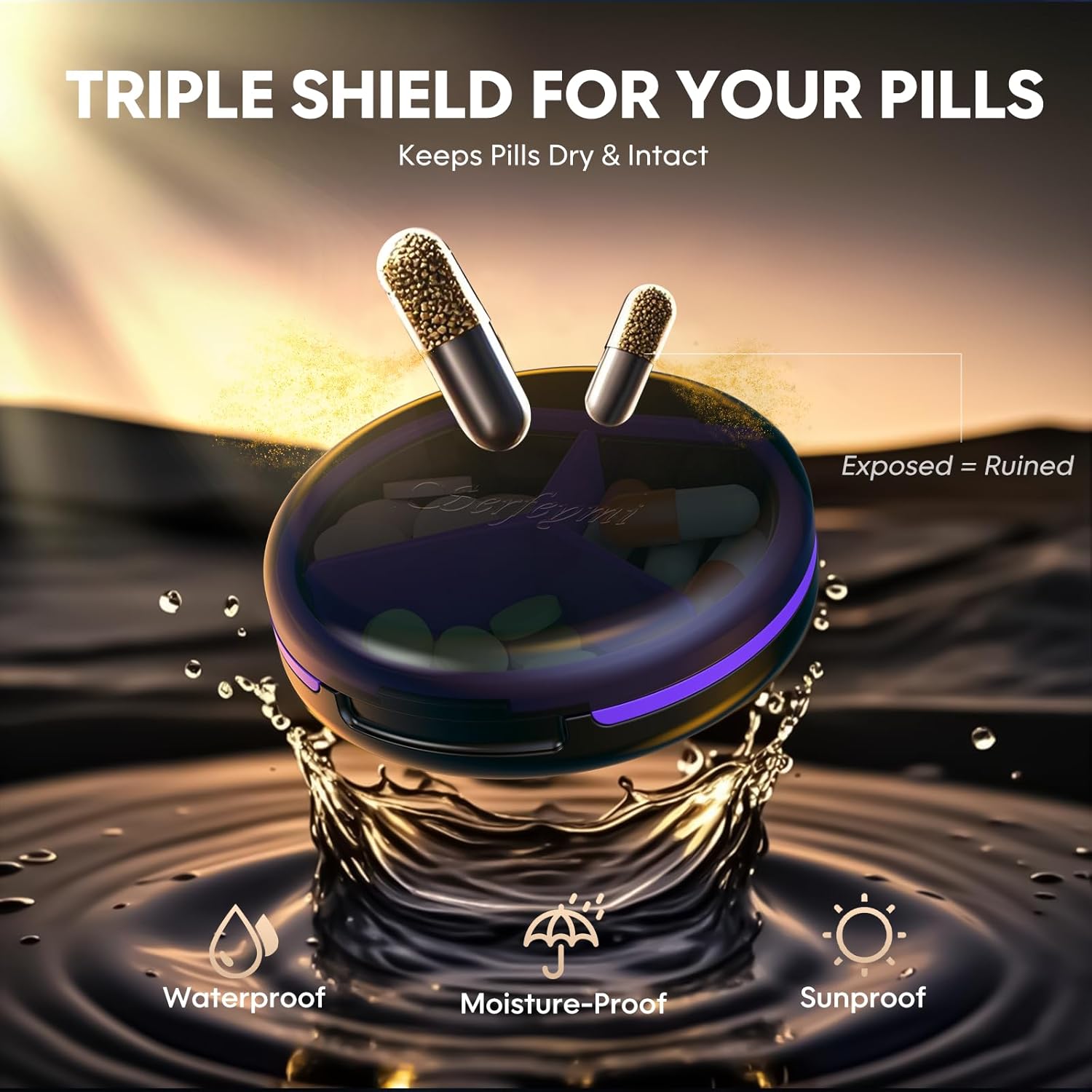 Serfeymi Small Pill Box - 3 Compartments Portable Pill Box for Purse Pocket, Compact Mini Travel Pill Case - Suitable for Medicine, Vitamin, Fish Oil, Supplements - White(Logo)