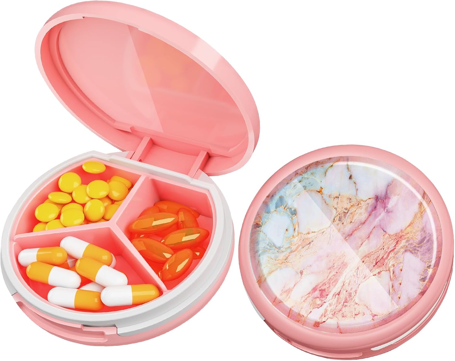 Serfeymi Small Pill Box - 3 Compartments Portable Pill Box for Purse Pocket, Compact Mini Travel Pill Case - Suitable for Medicine, Vitamin, Fish Oil, Supplements - White(Logo)