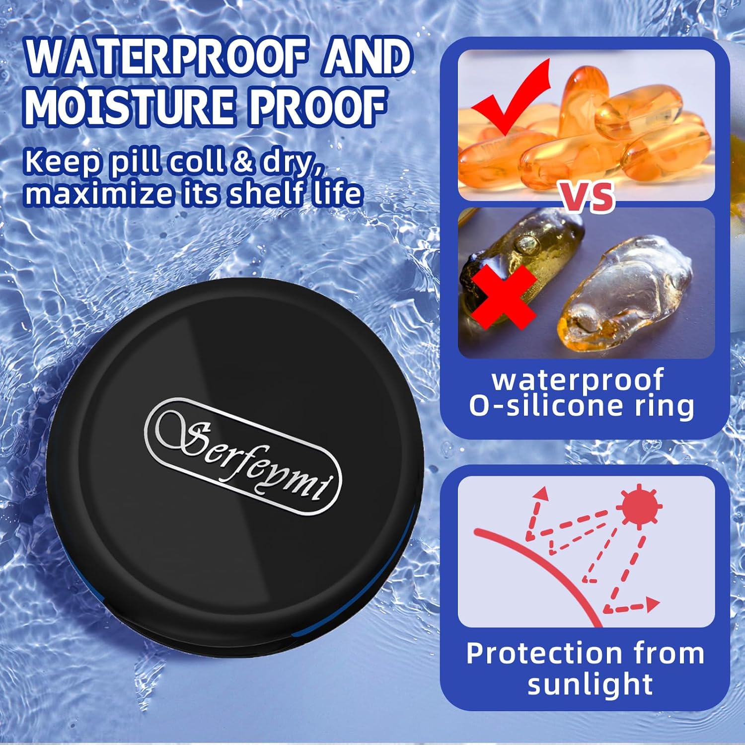 Serfeymi Small Pill Box - 3 Compartments Portable Pill Box for Purse Pocket, Compact Mini Travel Pill Case - Suitable for Medicine, Vitamin, Fish Oil, Supplements - White(Logo)