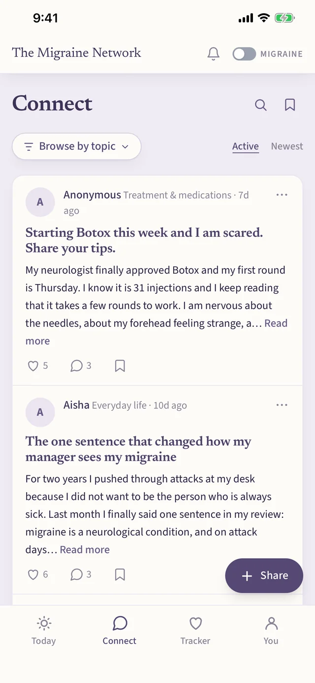 The Connect community feed, showing posts members have shared anonymously