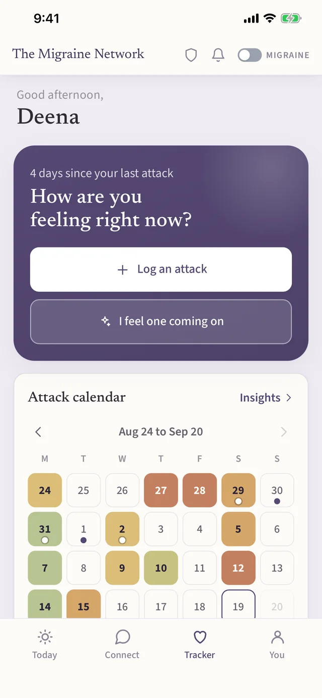 The tracker asking how you are feeling right now, with buttons to log an attack or flag one coming on